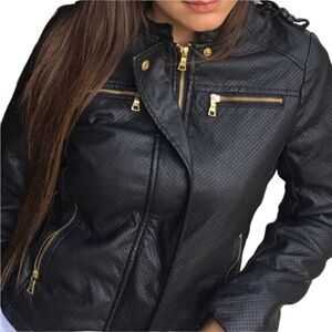 Therapy- Women’s Vegan Faux Leather Black Moto Jacket with Gold Hardware, Size M